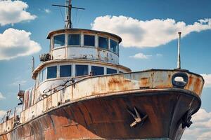 Rusty tugboat against a blue sky with clouds. photo
