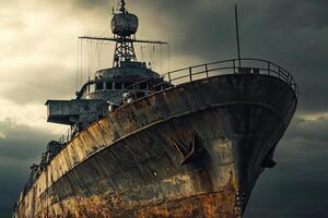 Rusty shipwreck under a dramatic cloudy sky. photo