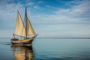 Sailboat gliding across calm waters under a blue sky. photo