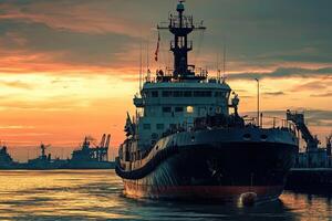 Tugboat navigating through a harbor at sunset. photo