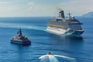 Two ships navigating a calm sea under clear skies. photo
