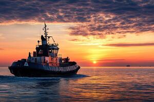 Tugboat navigating through calm waters at sunset. photo