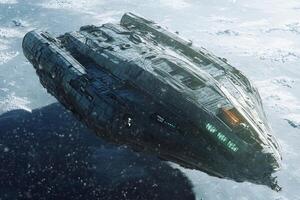 Futuristic spacecraft hovering in a cosmic environment. photo