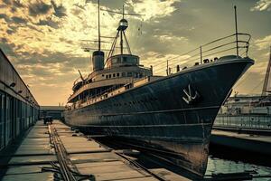 Vintage ship docked at harbor under dramatic sky. photo