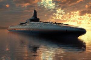Futuristic submarine at sunset on calm waters. photo