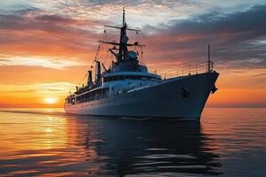 Ship sailing at sunset on calm waters. photo