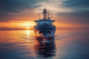 Ship navigating calm waters at sunset. photo