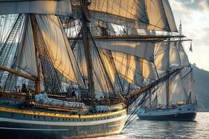 Two majestic sailing ships navigating calm waters. photo