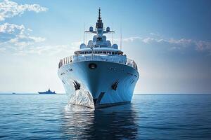 Luxury yacht sailing on calm waters under a blue sky. photo