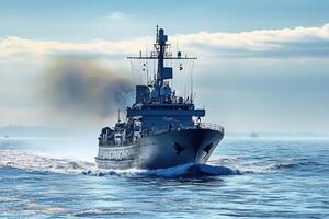 Naval ship navigating through calm waters with smoke. photo