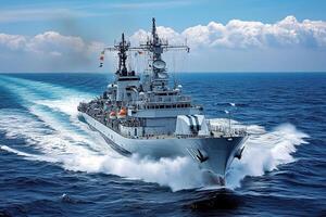 Naval ship navigating through ocean waters. photo