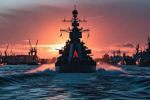 Naval ship navigating at sunset with industrial backdrop. photo