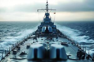Naval ship navigating through rough seas. photo