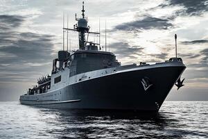 Naval ship on calm waters under a cloudy sky. photo