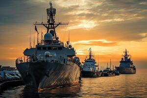 Naval ships docked at sunset in a harbor. photo