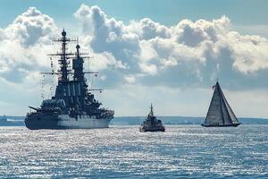 Naval ships sailing on a reflective water surface. photo