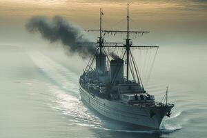 Vintage ship navigating through fog, emitting smoke. photo
