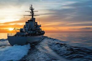 Naval ship sailing at sunset on calm waters. photo