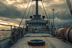 Rusty ship deck under moody skies at sunset. photo