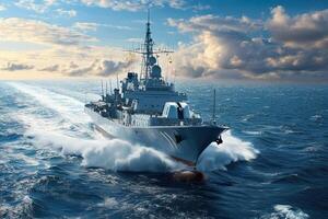 Warship navigating through ocean waves under cloudy sky. photo