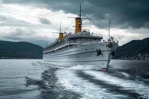 Vintage cruise ship navigating through calm waters. photo