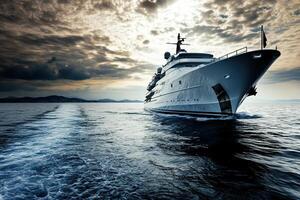 Luxury yacht cruising through tranquil waters at sunset. photo