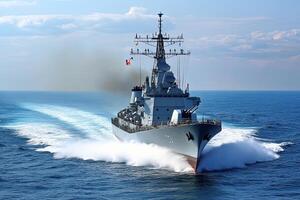 Naval warship navigating through ocean waters. photo