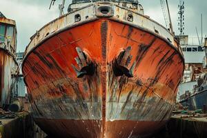 Rusty ship bow in a shipyard, showcasing decay and neglect. photo