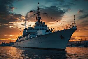 Warship silhouetted against a dramatic sunset. photo