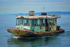 Weathered boat navigating calm waters. photo