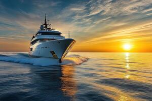 Yacht cruising at sunset on calm ocean waters. photo