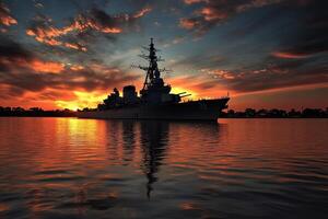 Warship silhouetted against a vibrant sunset reflection. photo