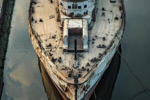 Aerial view of an old, weathered ship in calm waters. photo