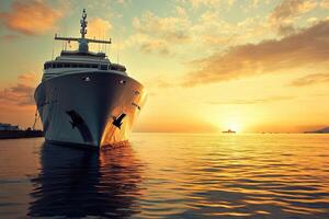 Yacht at sunset by the shore, reflecting calm waters. photo