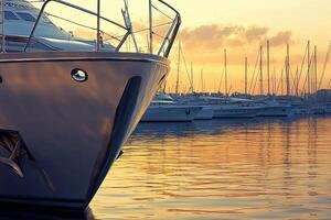 Yacht at sunset in a marina with calm waters. photo