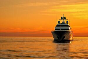Yacht sailing into a sunset over calm waters. photo