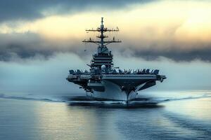 Aircraft carrier navigating through foggy waters. photo