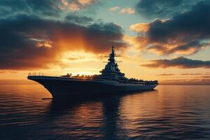 Aircraft carrier silhouetted against a sunset at sea. photo