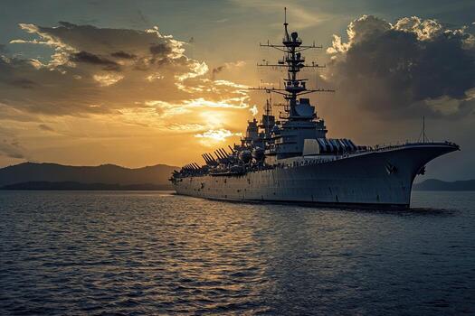 Battleship sailing at sunset on calm waters. photo