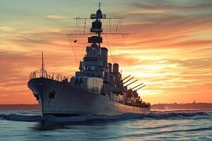 Battleship sailing at sunset, showcasing naval power. photo