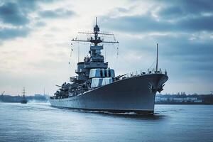 Battleship navigating through calm waters at dusk. photo