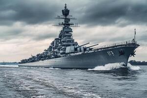 Battleship navigating through rough waters under cloudy skies. photo