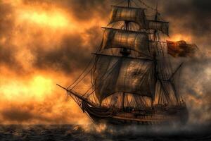 Dramatic sailing ship amidst a stormy sunset. photo