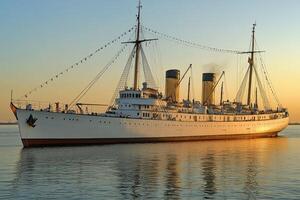 Historic ship docked at sunset, reflecting on water. photo