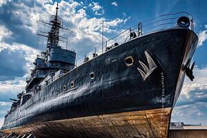 Historic ship docked under a cloudy sky. photo