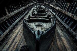 Interior of an abandoned shipwreck showcasing aged wood. photo
