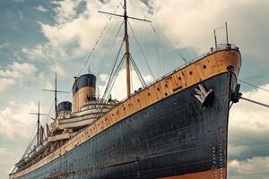 Historic ship with masts against a cloudy sky. photo