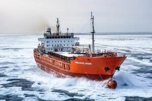 Icebreaker ship navigating through icy waters. photo