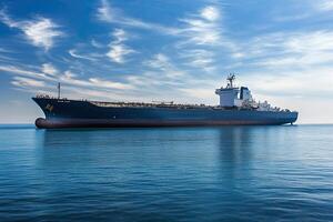 Large cargo ship sailing on calm waters under a blue sky. photo