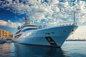 Luxurious yacht docked in a scenic marina. photo